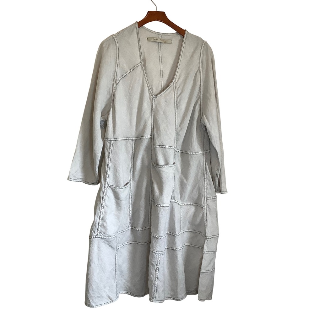 Cynthia Ashby 100% Linen Patchwork Dress XL Grey Lagen Look  V-Neck Pocket